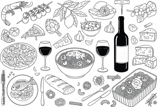 Italian food illustration set with pasta, pizza, cheese, wine, bread, seafood, vegetables, and hand-drawn culinary elements for menus