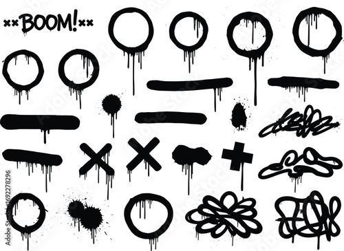 Wall Mural Graffiti spray paint elements with drips, splatters, circles, crosses, and abstr