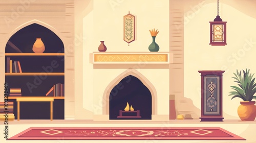 Wallpaper Mural Cozy Arabian Interior: Fireplace, Bookshelves, and Warm Decor Torontodigital.ca
