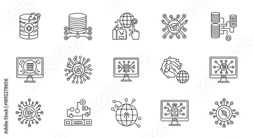 Vector Icons Set of Big Data and Cybersecurity Technology Line Icon Set. EPS Editable