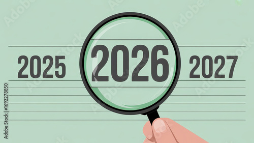 Conceptual image with years 2025, 2026, 2027 in a row on pastel green background. A hand holds a magnifying glass over 2026, enlarging it to symbolize focus, planning, and reflection