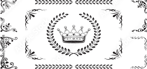 Illustration of a crown in a wreath with decorative elements