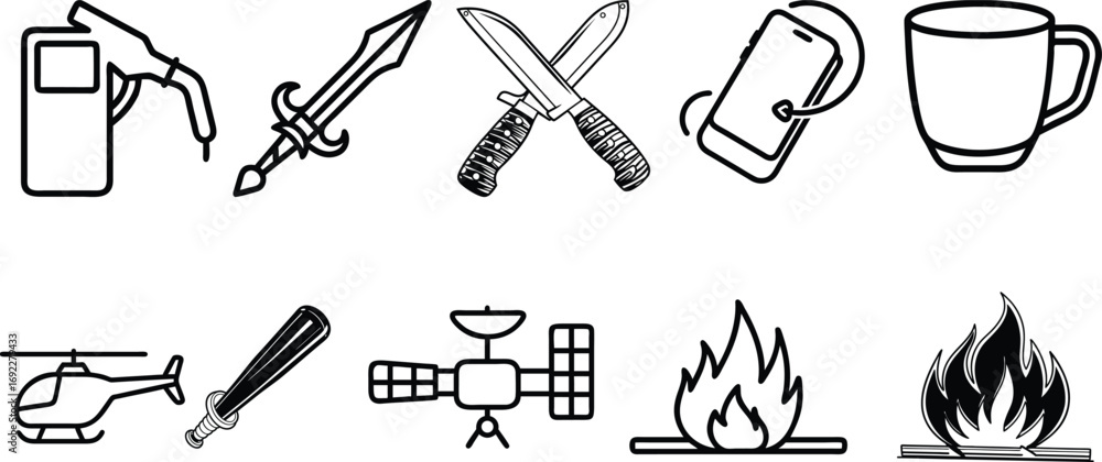 Fototapeta premium Survival Kit Icons Set Representing Essential Gear and Tools for Wilderness Preparedness