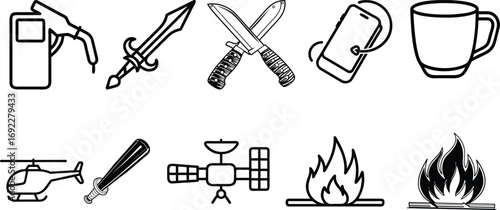 Survival Kit Icons Set Representing Essential Gear and Tools for Wilderness Preparedness