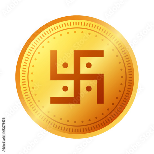 Gold coin with swastika symbol printed on a transparent background