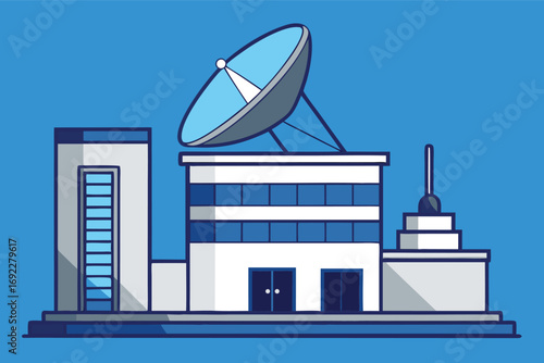Satellite Communication Center Building with Antenna for Global Network Connection