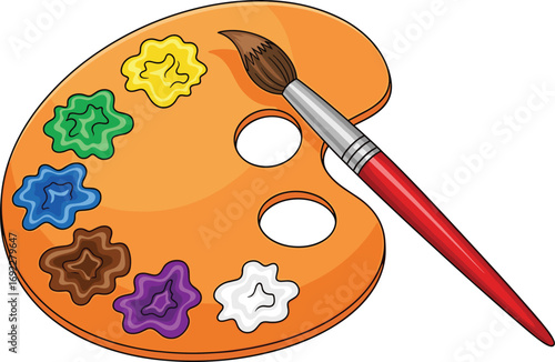 Cartoon painter palette with colorful paints and brush, artistic drawing tool, creative painting equipment for art, design, school, and studio