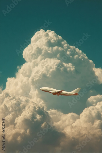 Passenger plane flying through fluffy clouds in a beautiful sky during daytime