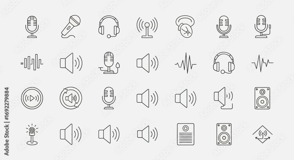Vector Icons Set of Collection of Thin Line Audio and Sound Icons for Digital Interfaces. EPS Editable