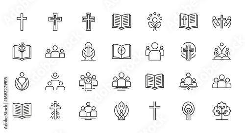 Vector Icons Set of Christian Religion Line Icon Set with Cross Bible and Community Symbols. EPS Editable