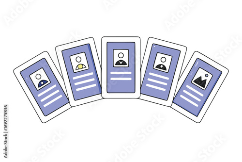 Illustration of five stylized profile cards are fanned out, displaying user avatars and personal information