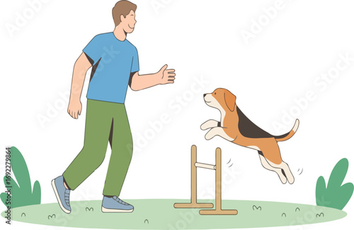 A man training his beagle dog to jump over a small hurdle outside
