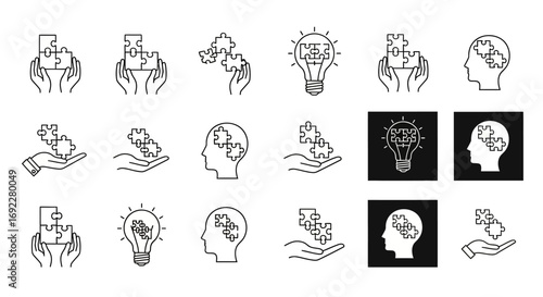 Vector Icons Set of Creative Thinking and Problem Solving Line Icon Set. EPS Editable