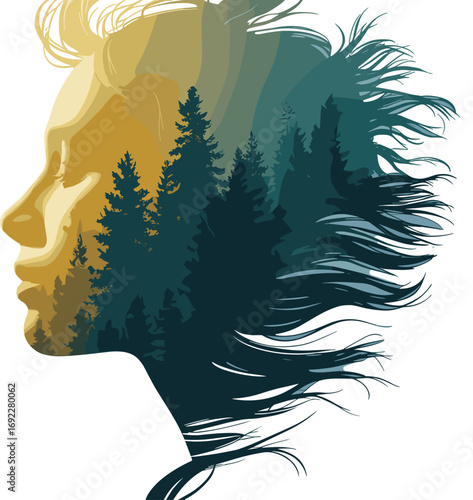 Double exposure forest silhouette, nature woman portrait, abstract art, environmental concept, surreal landscape, creative illustration, peaceful woodland harmony