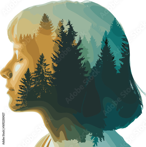 Double exposure of thoughtful woman profile blended with forest trees, nature silhouette, environmental connection, mindfulness, peaceful contemplation, eco-friendly lifestyle concept.