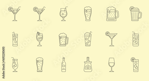 Vector Icons Set of Hand Drawn Alcoholic Beverage and Cocktail Icon Set Illustration. EPS Editable
