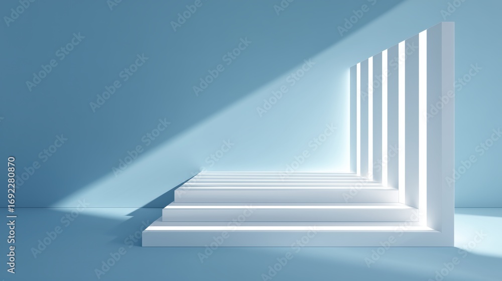 Obraz premium a white geometric abstract background with neon light and shadows on a blue wall, providing an empty space for design or banner