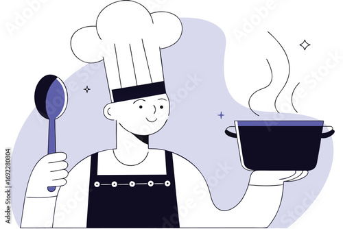 Illustration of a chef in a tall hat holds a spoon and a steaming pot of food