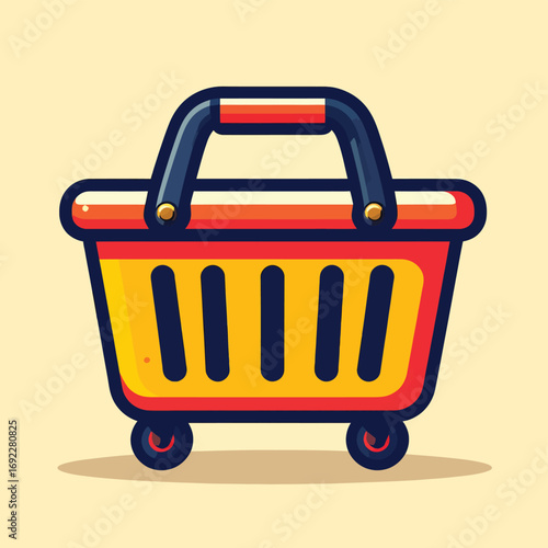 Colorful stylized shopping basket with wheels for retail and commerce.