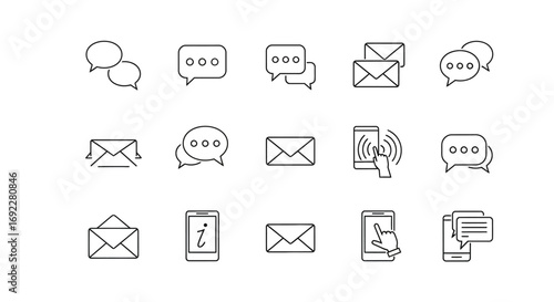 Vector Icons Set of Hand drawn communication line icons set with chat bubbles and email symbols. EPS Editable