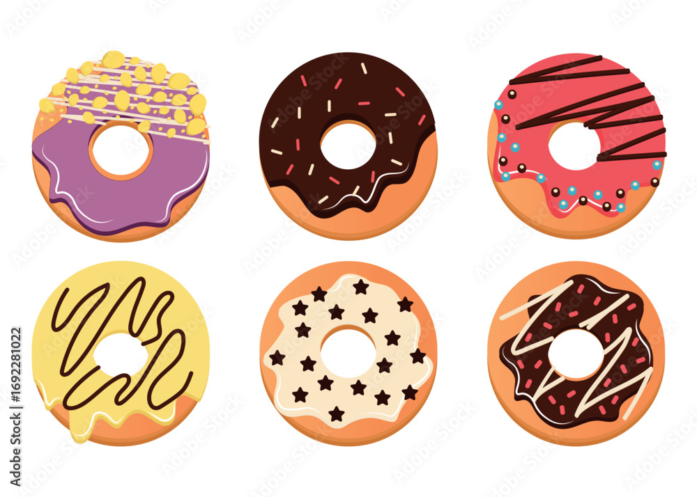 Fototapeta premium Set Different donuts collection. Vector illustration. Assorted bakery products