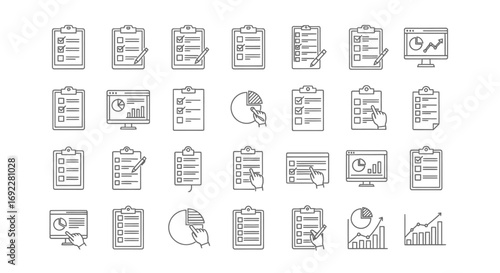 Vector Icons Set of Hand drawn doodle style business report and data analysis icon set. EPS Editable