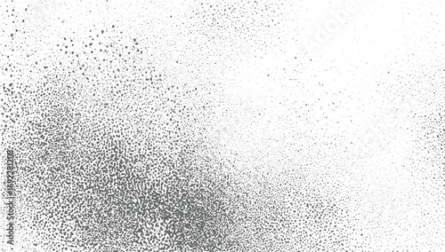 A white surface is covered with scattered gray dots of varying sizes and densities creating a textured pattern.