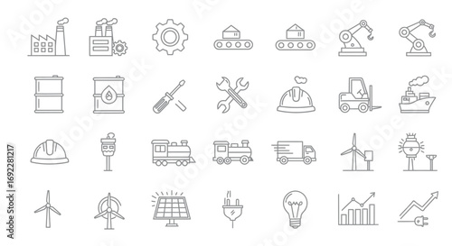 Vector Icons Set of Hand drawn industry and energy icon set collection. EPS Editable