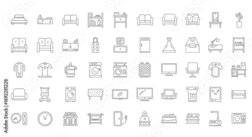 Vector Icons Set of Hand drawn furniture and home interior objects icon set. EPS Editable