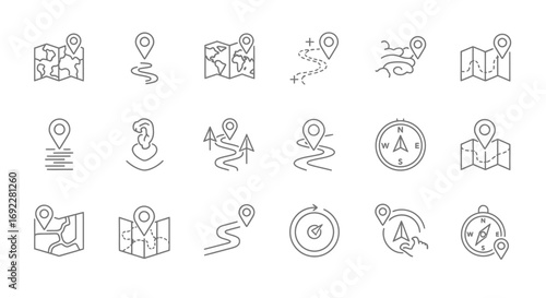 Vector Icons Set of Hand drawn map navigation and location line icon set Doodle style travel route pin and compass vector symbols. EPS Editable