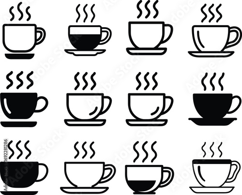Coffee Cup Icon Set Hot Drink Mug with Steam Vector Collection