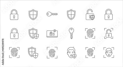 Vector Icons Set of Hand drawn security icon set with padlock key shield fingerprint and face recognition symbols. EPS Editable