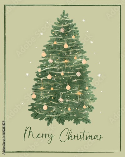 Hand drawn Christmas tree with decorations and lights. Festive holiday greeting card design with text Merry Christmas, winter celebration background, seasonal illustration in vintage style