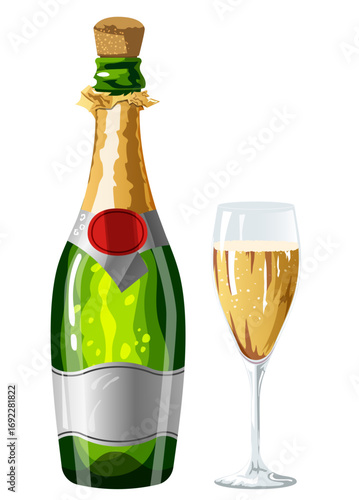 Corked Champagne Bottle with Bubbly Flute Glass - Party Drink Illustration 