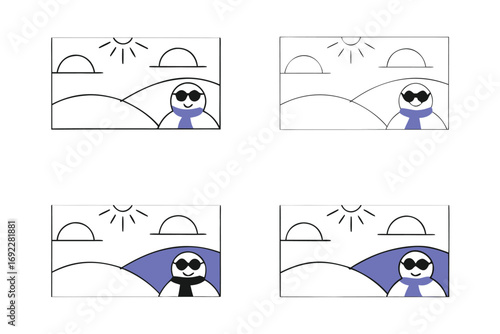 Illustration of four cartoon scenes depict a snowman with sunglasses and a scarf enjoying the sun