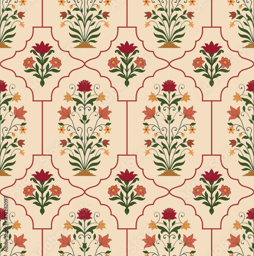 Hand drawn vintage floral pattern. Ornamental botanical flower pattern. Traditional mughal flower pattern. Hand drawn vintage floral pattern.