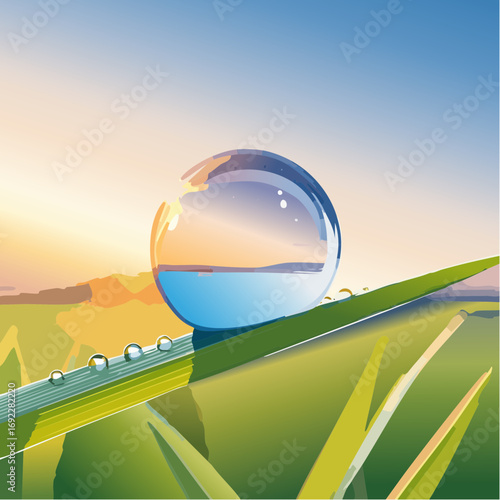 Dewdrop Sphere Reflecting Sunrise Over Meadow