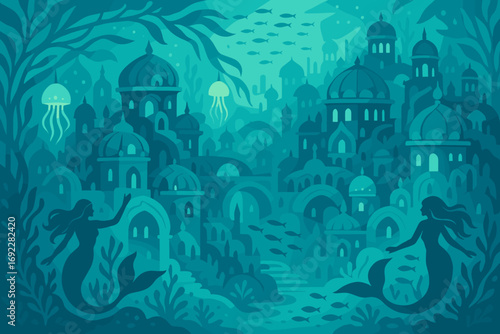 Underwater city filled with mermaids and jellyfish surrounded by vibrant aquatic life