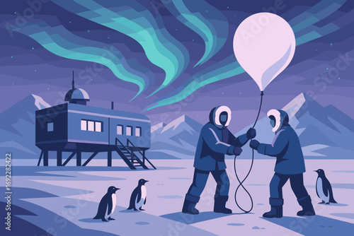 Scientists launch weather balloon in icy landscape beneath northern lights with curious penguins in the foreground
