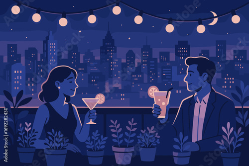 Couple enjoying drinks under string lights on a rooftop with a city skyline at night