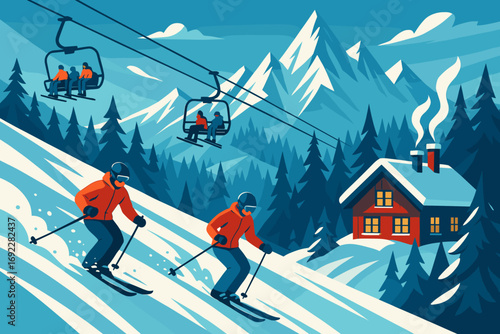Skiers enjoy a winter day on the slopes near a cozy cabin and scenic mountains
