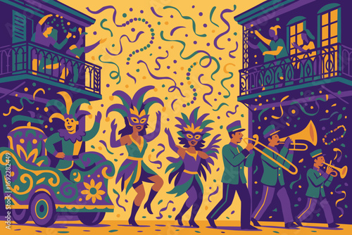 Colorful carnival celebration with dancers, musicians, and festive decorations in a lively street