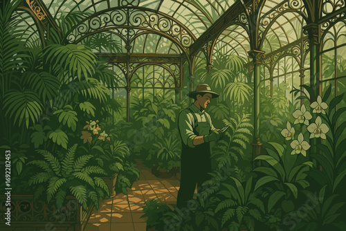 Gardener tending to plants in a lush greenhouse filled with tropical vegetation during golden hour light