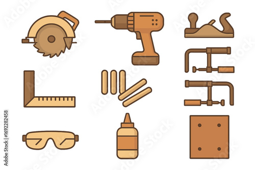 Various woodworking tools and supplies arranged in an organized layout for a DIY project