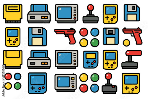 Collection of retro gaming devices and accessories arranged in a colorful pattern with nostalgic appeal