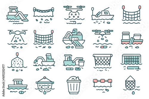 Various water management methods used in aquatic environments showcasing boats, drones, nets, and containers across different activities