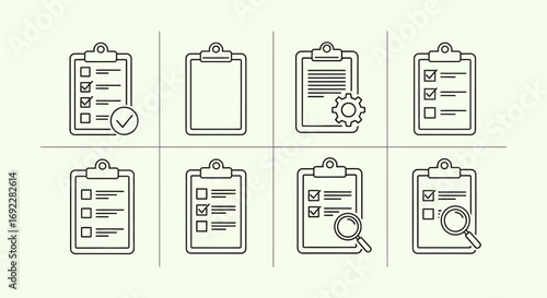 Vector Icons Set of thin line clipboard icons with checklists and magnifying glass. EPS Editable