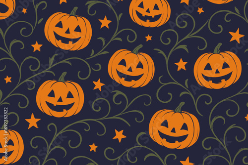 Colorful Halloween pattern featuring smiling pumpkins and swirling vines on a dark background