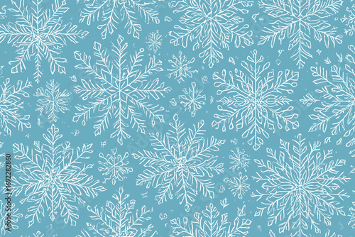 Winter season pattern featuring hand-drawn snowflakes on a soft blue background, ideal for festive decorations and seasonal crafts