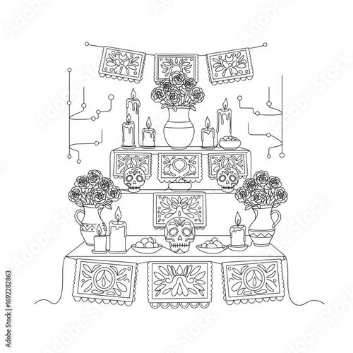 Traditional Day of the Dead altar with skulls, flowers and candles